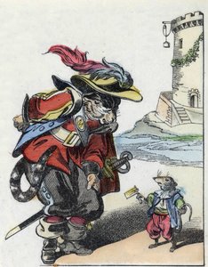 Ilustrace příběhu „Strašný Raminagrobis a myši“““ postava kreslí bajky Jeana de la Fontaina. V „“ Pohádky z domova pro nejmenší““. Anonymní rytina 19. století. od Unknown artist