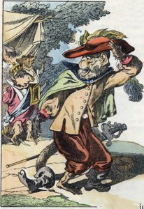 Ilustrace příběhu „Strašný Raminagrobis a myši“““ postava kreslí bajky Jeana de la Fontaina. V „“ Pohádky z domova pro nejmenší““. Anonymní rytina 19. století. od Unknown artist