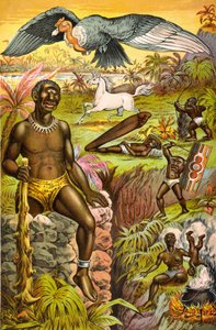 Ilustrace s imaginárními příšerami z Afriky s názvem „“Africké pověry ilustrované““ (kyklop, jednorožec...), cca 1889. od Unknown artist