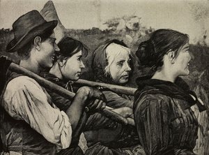 V polích, obraz Egista Ferroniho (1835-1912), rytina F. Cantagalliho podle fotografie G. Brogiho z L