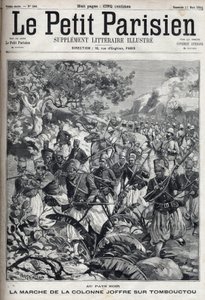 Ve francouzských koloniích: pochod kolony generála Josepha Joffreho (1852-1931) a jeho armády spahisů na Timbuktu (Mali). Gravírování v „“Le Parisien““ od Unknown artist