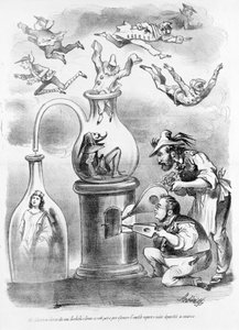 V alchymistické laboratoři společníků Garibaldi e Cavour vidíme postupné rozptylování zbytečné páry (reprezentované maskami italských regionů) a zůstávalo substancí (Itálie) karikaturou satirických novin Il Fischietto od Unknown artist