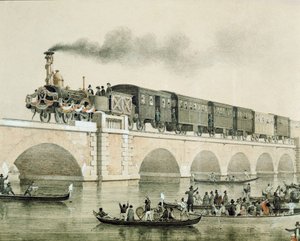 Slavnostní otevření mostu přes Benátskou lagunu, který má spojit město s kontinentem (litografie od Unknown artist