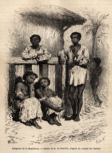 Domorodí obyvatelé Magdaleny (řeky), v ulicích města Mompox (Kolumbie). Rytina k ilustraci plavby do Nové Granady, od Dr. Saffraye, v roce 1869, publikovaná v “”Le tour du monde”””” 1872, editoval Edouard Charton, vydání Hachette, od Unknown artist