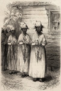 Domorodé ženy z Guayany v katolickém průvodu Fete Dieu. Rytina k ilustraci plavby ve Francouzské Guyaně v letech 1862-1863 od Frederica Bouyera, kapitána fregaty, v „“ Le tour du monde, nouveau journal des voyages“, publikovaném pod r. od Unknown artist