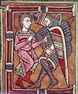 Počáteční písmeno E s Davidem a Uriášem, manželem Batšeby (miniatura od Unknown artist