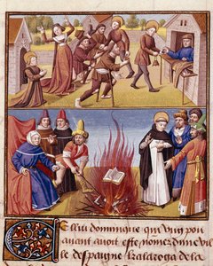 Inkvizici "" Autodafe předsedá Saint Dominique de Guzman (1170-1221), zakladatel dominikánského řádu, důkaz požáru heretické knihy a ortodoxní knihy"" Miniatura v ""Le miroir historial"" (Speculum Historiale) ( ms. 1196, fol. 372) podle od Unknown artist