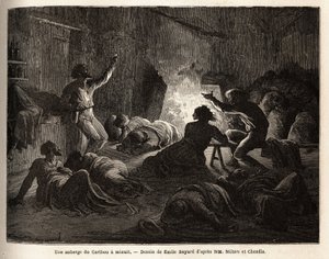 Uvnitř Caribou Inn (Kanada) o půlnoci zpívají opilí lovci a horníci, pak padají na zem nebo usnou v dece. Rytina k ilustraci plavby z Atlantiku do Pacifiku (route du nord ouest par les terres), v letech 1862-1864 b od Unknown artist