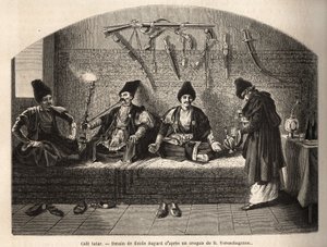 Uvnitř tatarské kavárny v Schoucha (Zakavkazsko, Rusko), kde se muži setkávají, aby popíjeli čaj a kouřili vodní dýmku. Rytina pro ilustraci plavby v provinciích Kavkazu od Basile Vereschaguine v letech 1864-1865, publikovaná v „“ le tour du monde“ pod od Unknown artist