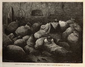 Uvnitř ranča Maynapata (Dolní Peru), překvapeného sněhovou bouří, se cestovatelé uchýlí do hliněné chaty a odpočívají a ohřívají se uprostřed pytlů od brambor a kukuřice. Rytina pro ilustraci plavby v údolích Quinquinas (Peru), od Pa od Unknown artist