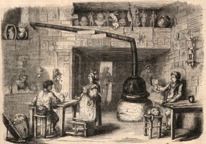 Uvnitř kabaretu le Lapin Blanc (Rabbit-Blanc), rue aux feves v Paříži před jeho demolicí. Krčma z doby první monarchie. Rytina v „“Le Monde illustrious““ z roku 1862. Soukromá sbírka. od Unknown artist