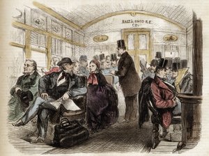 Interiér kočáru na Baltimore & Ohio Railroad, USA - 1861 - interiér amerického vozu v roce 1860 od Unknown artist