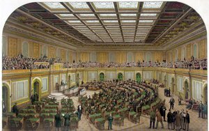 Vnitřní pohled na Sněmovnu reprezentantů Kapitolu USA zobrazující zasedání Kongresu a diváky v galerii – rytina 1866. od Unknown artist