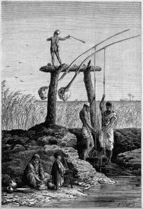 Zavlažování v Egyptě: chadoufs (nebo shadoufs) na březích Nilu. Rytina v „“ Le Monde Illustré““ č. 1313 ze dne 27. května 1882. od Unknown artist
