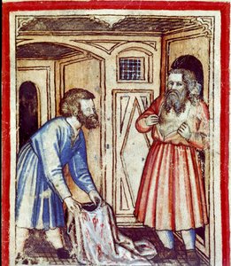 Jákob se dozví o smrti svého syna Josefa, který jeho bratři prodali Egypťanům Miniaturu z kodexu 212 (nebo padovanského kodexu či Bible Padovy) 1390-1400 Rovigo, Accademia dei Concordi od Unknown artist