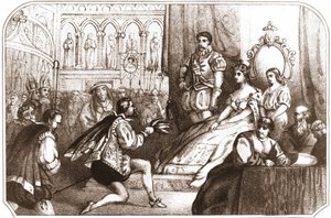 Jean Nicot představuje tabákovou rostlinu Catherine de Medicis (Caterina de Medici) a velkopřevorovi rodu Lotrinska. Litografie 16. století kolem roku 1868. od Unknown artist