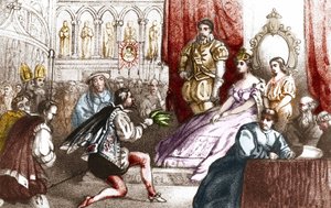 Jean Nicot představuje tabákovou rostlinu Catherine de Medicis (Caterina de medici) a velkopřevorovi rodu Lorraine. 16. století. Rytina 19. století od Unknown artist