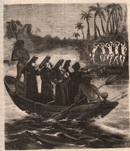 Jezuitští misionáři připlouvají lodí mezi guaranské indiány do Paraguaye v roce 1553 – rytina roku 1879 v „Historie Secrete, Political and Religious Societes“ od Pierra Zacconeho (1817-1895) od Unknown artist