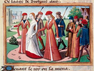 Johanka z Arku (1412-1431) vedená poblíž Karla VII. Delfíním dvorem v Chinonu. Miniatura z rukopisu „Vigilles du roi Charles VII““ od Martiala d
