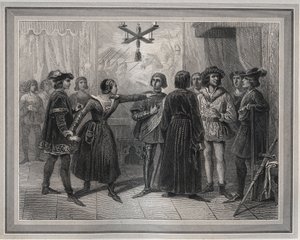 Johanka z Arku, dorazila do Chinonu (1429), poznal ji Karel VII. (1403-1461), který byl v davu dvořanů - Rytina v „Les Fastes Populaires, aneb Dějiny hrdinských činů lidu a jejich vliv na vědu, umění, průmysl a a od Unknown artist