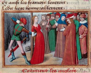 Johanka z luku (1412 -1431), instalovaná na řezníka. Miniatura z rukopisu „Vigilles du roi Charles VII““ od Martiala d