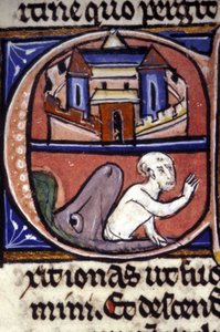 Jonáš je po třech dnech a třech nocích strávených v břiše obrovské ryby zvířetem vyzvracen. Rukopis 14. století. Biblioteca nazionale braidense, Milán. od Unknown artist