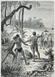 Cesta kapitána Jamese Cooka (1728-1779) na Novou Guineu: první setkání s domorodci, ilustrace převzata z „Velkých námořníků 18. století““ od Unknown artist