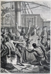 Cesta Samuela Wallise (1728-1795) do Polynésie: domorodé etony u zrcadla - ilustrace převzata z „Velkých námořníků 18. století“ od Unknown artist