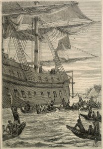 Cesta Samuela Wallise (1728-1795) do Polynésie: domorodí obyvatelé držící v ruce větve banánu jako uvítací pozdrav - ilustrace z „Velkých námořníků 18. století““ od Unknown artist