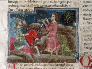 Jules Cesar (101-44 př. n. l.) oslovuje své válečníky Detail stránky s rukopisem „“ Fakta o Římanech““ (Ms 1538, fol 15r) kolem roku 1340 Florencie, Biblioteca Riccardiana od Unknown artist