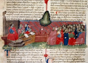 Jules Cesar (101-44 př. n. l.) na trůnu Detail stránky s rukopisem „“ Fakta o Římanech““ (Ms 1538) kolem roku 1340 Florencie, Biblioteca Riccardiana od Unknown artist