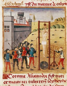 Král Alexandr Veliký (356–323 př. n. l.) se účastní popravy vznešeného Kalixta Cefoba pověšením“““ Miniatura převzatá z „“Knihy faktů Alexandra Velikého“““ od Quinta Curtius Rufus (1. století) (ms 1335, fol. 167 v od Unknown artist