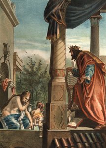 Král David a Bethsabee, jeho budoucí manželka ve vaně, v „El Culto de la Hermosura“ od Juana Justa Hugueta, editor Molinas Hermanos od Unknown artist
