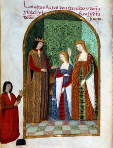 Král Ferdinand II., král aragonský a sicilský (1452 - 1516), Jana, královna Kastilie (1479 - 1555) a Isabella I. Kastilská (také známá jako katolička), královna Španělska (1451 - 1504). Miniatura ve filmu „Oddaní královny Da Juany, která volala šílenou žen od Unknown artist