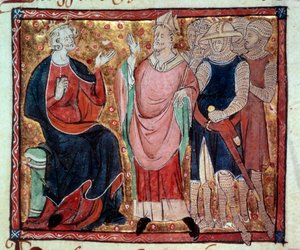Anglický král Jindřich II. (1133-1189) přijímající předvečer a miniaturu vojáků z rukopisu z 15. století. Paříž, B.N. od Unknown artist