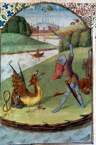 Rytíři kulatého stolu: „Lancelot bojuje proti drakovi““ Rukopisná miniatura „“ Román Lancelot du Lac““ od Unknown artist