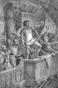 Knut Veliký (Canut I) (994 nebo 995-1035) – Muži Cnuta Velikého na londýnském mostě, pod útokem norského Olafa II (Olafa II. Norska) – Rytina „“ Kaiser, Konig une Papst“ od Richarda Roth od Unknown artist