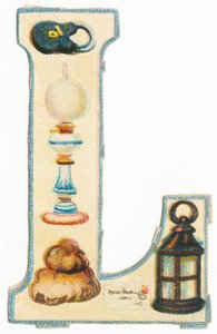L: zámek, lampa, spousta, dopis, lucerna (barva lito) od Unknown artist