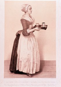 La Chocolatiere de Vienne: mladá pokojská držící tác s šálkem horké čokolády. Litografie soukromé sbírky 19. století od Unknown artist