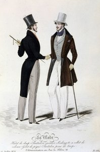 La Mode du 26 juillet 1834: (mužská móda) prostěradlo - kalhoty casimir - Redingote se sametovým límcem - vesta z piqué - kalhoty tmavě hnědé kůže a cylindr. od Unknown artist