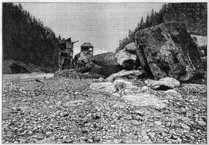 La catastrophe de Saint-Gervais (Saint Gervais) ou catastrophe du glacier de la Tete Rousse (departement Haute-Savoie) (12.-13. července 1892) – Bains de Saint-Gervais po katastrofě s obrovskými bloky transportovanými bystřinou, Gravírování „“ La Natur od Unknown artist