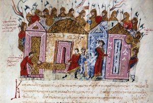 Varjažská (varjažská) ozbrojená garda (dánští a švédští Vikingové, kteří procestovali celý říční systém východních území a stavěli pevnosti, až ke Kaspickému moři, čímž položili základy toho, co by se stalo ruským státem) Miniatura převzatá z od Unknown artist