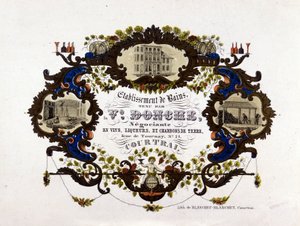 Etiketa pro vinařství, likéry a hliněné uhlí. Litografie od Unknown artist