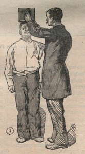 Soudní antropometrie nebo bertillonnage, metoda Alphonse Bertillona (1853-1914): měření výšky - rytina v „La Science francaise““ od Unknown artist