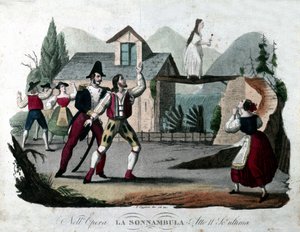 Poslední scéna druhého dějství „La somnambule (La sonnanbula“) od Vincenza Belliniho. Rytina z roku 1835. od Unknown artist