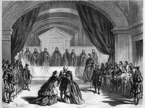 Poslední fáze divadelního kusu „“ Galilee “, tříaktového dramatu Francoise Ponsarda, francouzského básníka a dramatika (1814-1867), hraje ve francouzském komediálním divadle v Paříži. Gravírování v „“L