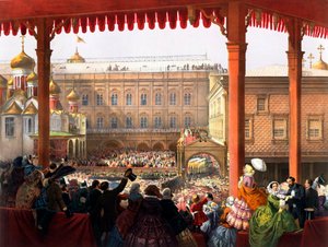 ""Korunovace císaře Alexandra II. (1818-1881) dne 18.02.1855"" Pohled na dav - Anonymní litografie od Unknown artist