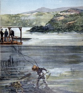 Potápěč Paolo Pardi pracující na římských lodích v jezeře Nemi s potápěčem Siebe v roce 1893. od Unknown artist
