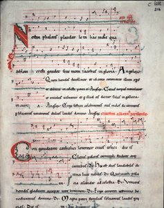 Leták poutnického průvodce s texty o pouti Santiago de Compostela (Santiago de Compostella) Fol. 214 r. Z rukopisu ze 13. století. Archiv katedrály Santiago de Compostela (Santiago de Compostela), Španělsko od Unknown artist