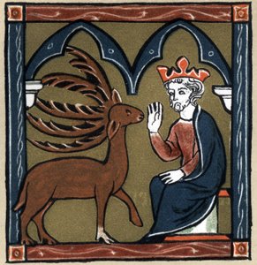 Legenda Arthurian: Merlinova metamorfóza u jelena s pěti dřevy navštíví Julese Cesara. V „Dějinách francouzské literatury“ od Hermanna Suchiera od Unknown artist